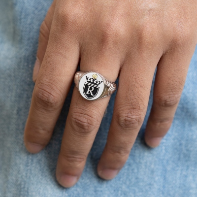 Personalized Initial Engraved Signet Ring with a Crown for Man