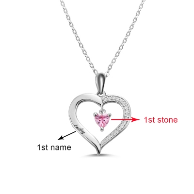 Personalized Heart Birthstone Necklace with Engraving in Silver