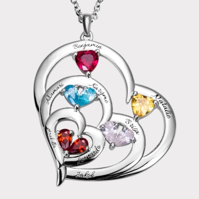 Custom 8 Heart-shaped Birthstones & Names Family Necklace