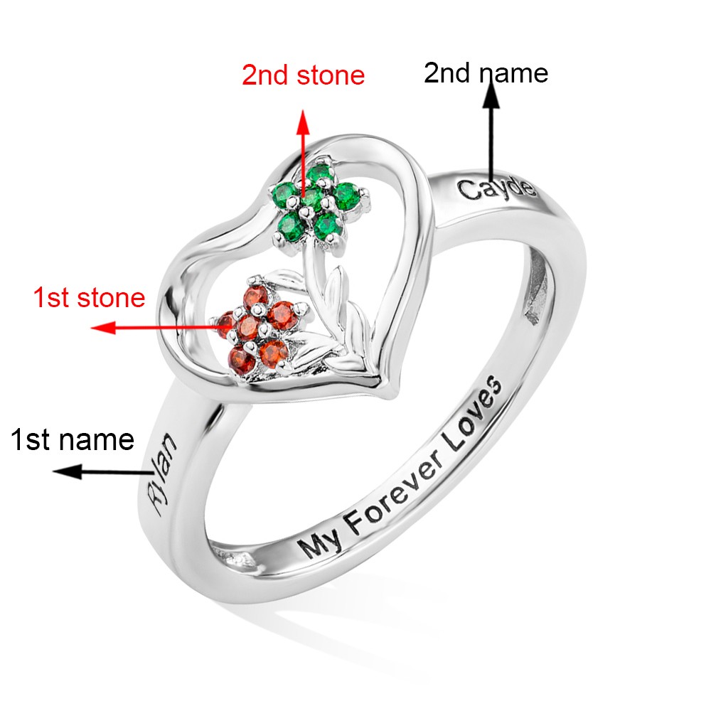Custom 1-8 Birthstone Flower Ring with Engraving, Our Family Is A Garden Of Love Heart Ring, Flower Design Garden Family Ring for Grandmother/Mother