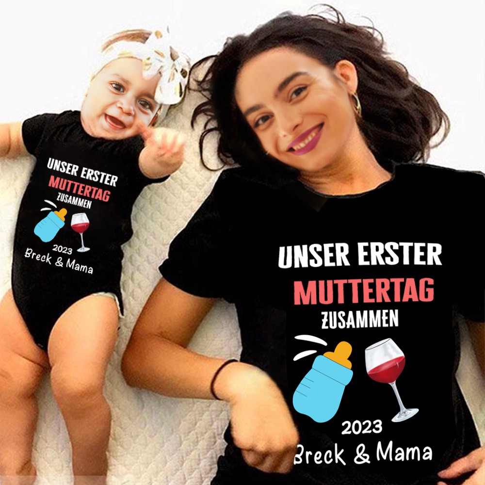 Unser erstes Set für Mutter und Baby zum Muttertag, individuell gestalteter Tier-/Muster-Babysuit und Mama-T-Shirt, personalisiertes T-Shirt und Babyromper, Geschenk für neue Mütter
