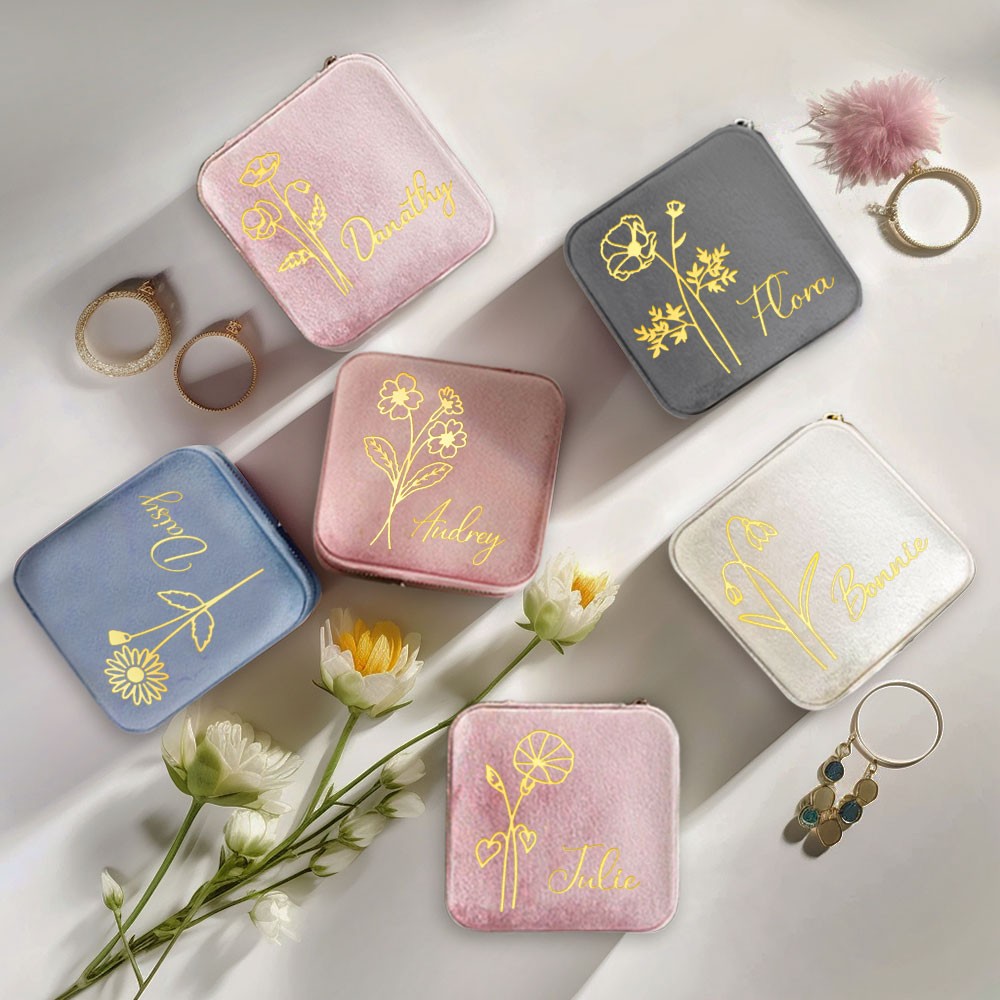 Étui de voyage à bijoux avec fleur de naissance, cadeau d'anniversaire personnalisé, boîte à bijoux en velours personnalisée, cadeaux pour mariage/demoiselle d'honneur/maman/femme, achetez plus, économisez plus