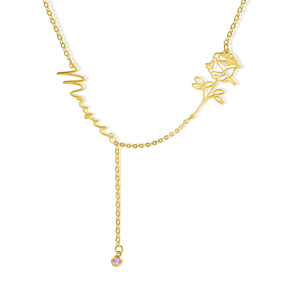 Birth Flower Necklace with Birthstone, Personalized Name Necklace, Women's Jewelry, Bridesmaid Gift, Wedding/Birthday/Anniversary/Mother's Day Gift