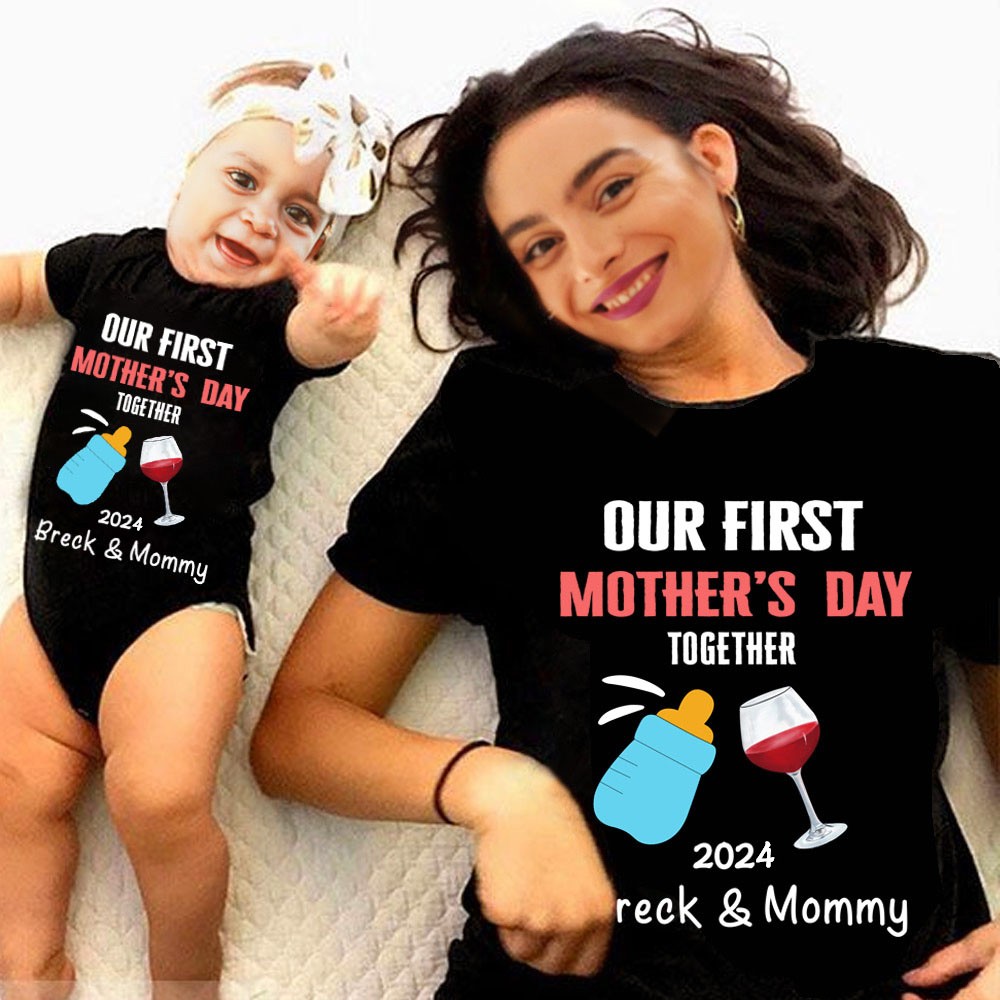 Personalisiertes T-Shirt mit Tieren/Muster und Baby-Onesie, Unser erstes Muttertags-Mama- und Baby-Set 100 % Baumwolle, Weihnachtsgeschenk für neugeborene Mama