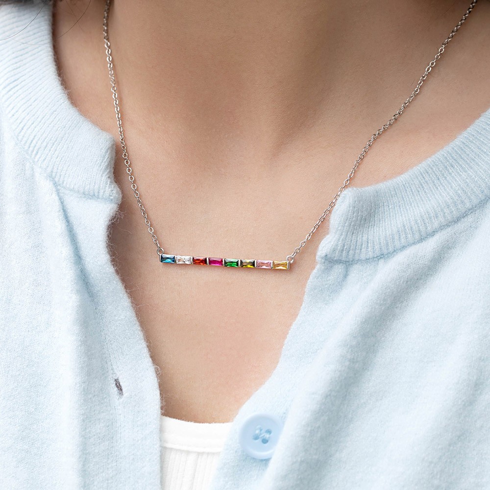 Personalized 1-8 Baguette Birthstones Dainty Pendant Necklace, Minimal Family Jewelry, Birthday/Mother's Day Gift for Women