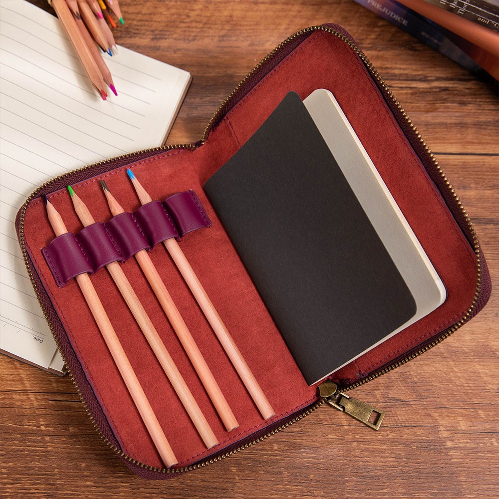 Personalized Birth Flower Leather Travel Journal Organizer, Padfolio with Pencil Holder, Notepad with Zipper Lock, Planner Case, A6 Notebook Cover