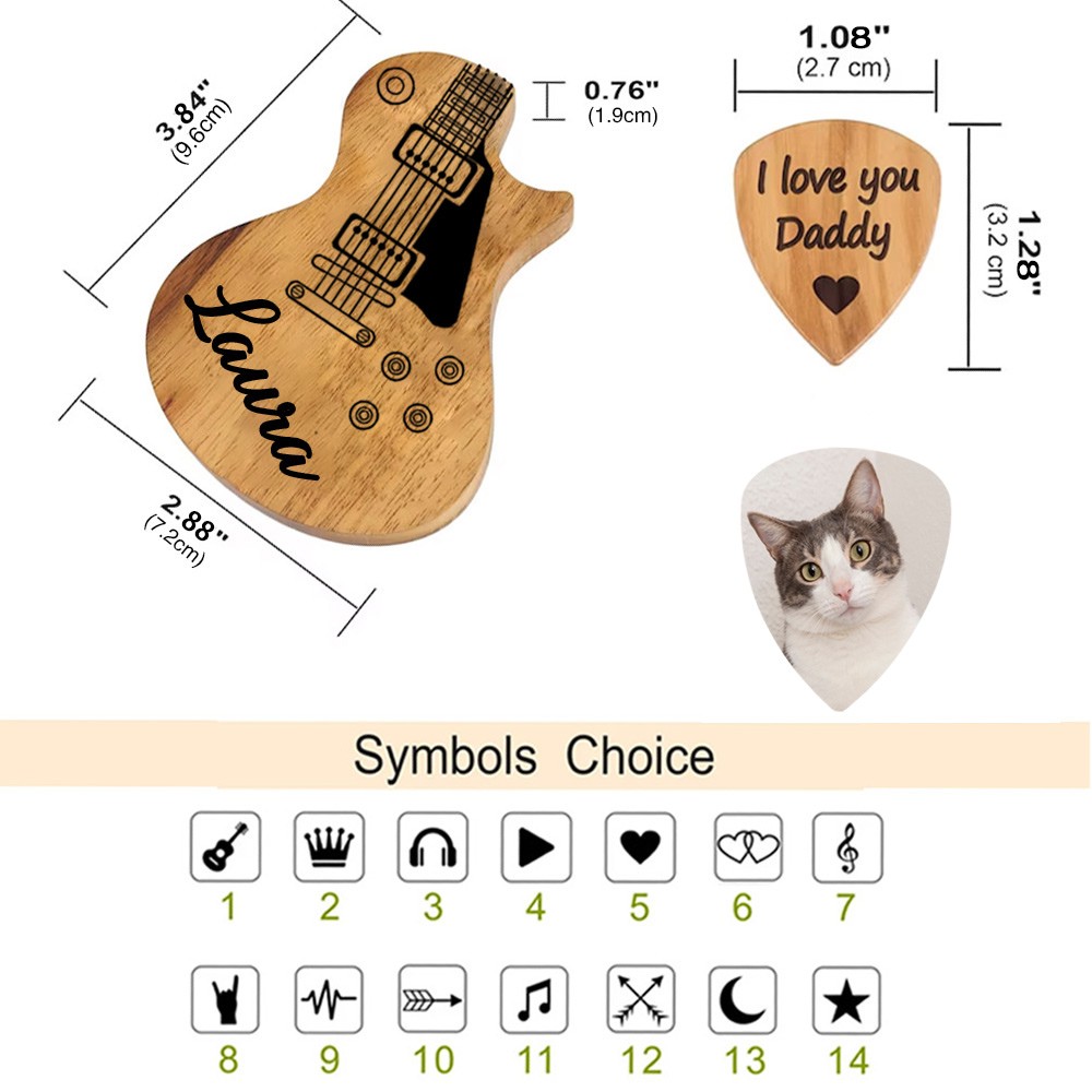 Personalisierte Gitarrenplektren aus Holz mit Aufbewahrungshülle mit Textfoto, Geburtstags-/Abschlussgeschenk für Gitarrenspieler/Musiker