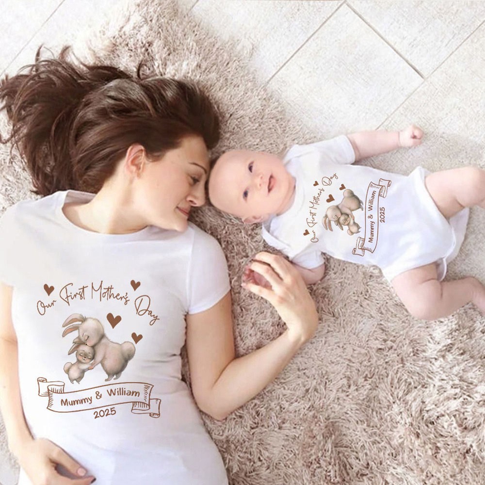 Custom Cute Bear Bunny Giraffe 100% Cotton T-Shirt and Baby Onesie, Our First Mother's Day Mom & Baby Set, First Mother's Day Gift for Newborn New Mom