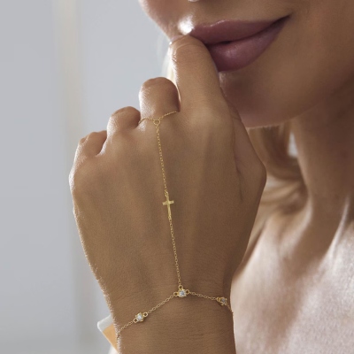 Personalized Birthstone Cross Hand Chain, Sterling Silver 925 Creative Finger Ring Connected Bracelet, European Fashion Hand Jewelry, Gift for Her