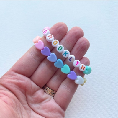 Personalized Rainbow Hearts Letter Bead Bracelet, Custom Name Colorful Girls Bracelet, Stretchy Bead Heart Bracelet, Birthday Gift for Kids/Toddlers