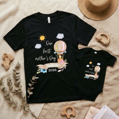 Personalized Animals/Pattern T-shirt and Baby Onesie, Our First Mother's Day Mom and Baby Set 100% Cotton, Holiday Party Gift for Newborn New Mom