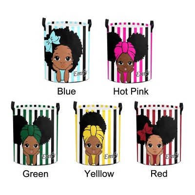 Custom Cute Black Girl Laundry Storage Basket with Name, Large Capacity Collapsible Clothes Hamper with Handles for Bathroom/Nursery, Gift for Girls
