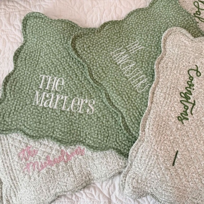 Gepersonaliseerde, geborduurde ovenschotelhoes met tekst, ovenschotelhoes met geschulpte rand, ideaal als bedankje voor een vrijgezellenfeest of housewarmingcadeau voor vrienden/familie.