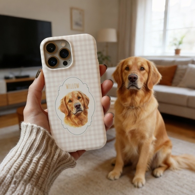 Telefoonhoesje met gepersonaliseerd huisdierportret en ruitjespatroon, inclusief naam, MagSafe-compatibel, slank en stevig hoesje voor iPhone/Samsung, verjaardagscadeau voor huisdiereigenaren/dierenliefhebbers.