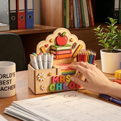 Stylos et porte-notes adhésifs personnalisés avec nom pour enseignants, organiseur de bureau en bois, décoration de salle de classe, cadeau de remerciement/d'anniversaire pour enseignants/éducateurs