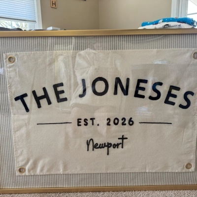 Custom Minimal Family Name Canvas Banner, Natural Embroidery Established Year Wall Flag, Living Room Entryway Decor, Housewarming Gift for Family