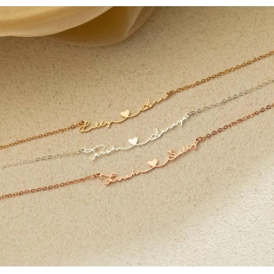 Personalized Two Name Handwritten Heart Necklace, Dainty Cursive Script Connected Heart Layering Pendant, Anniversary Gift for Couple/Lovers/Friends