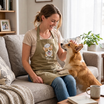 Custom Embroidered Pet Portrait Chef Hat Apron with Name, Unisex Stain-Resistant Cooking Kitchen Apron with Front Pocket, Gift for Pet Owners/Family