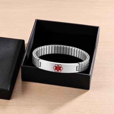 Custom Engraved Medical Alert Stretch Bracelet, Stainless Steel Men’s Medical ID Emergency Contact Bracelet, Birthday Gift for Him/Dad/Husband/Grandpa