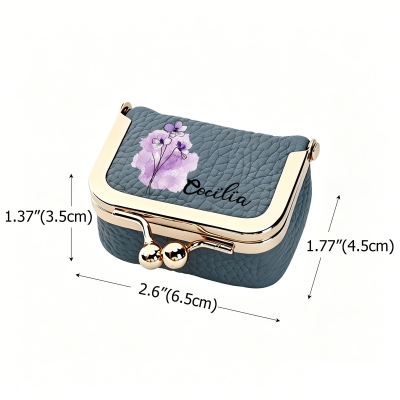 Personalized Name Watercolor Birth Flower Kiss Lock Leather Mini Jewelry Box, Vintage Travel Coin Purse, Birthday/Wedding Gift for Women/Bridesmaids