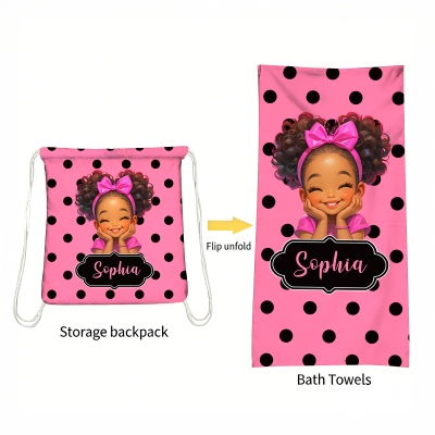 Custom Name Cartoon Black Girl Polka Dots Beach Towel with Rope, Quick Dry 2-in-1 Foldable Bath Towel Bag, Gift for African American Little Girls