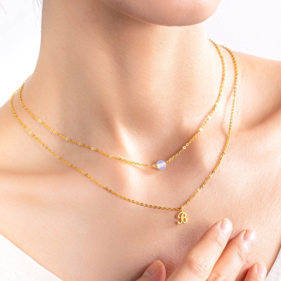 Personalized Double-Layer Initial Necklace with Birthstone