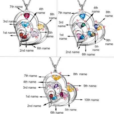 Heart-shaped Birthstone Family Necklace with Customized 1-10 Names