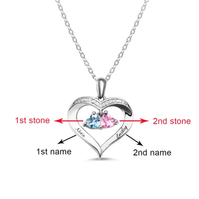 Personalized Heart Birthstone Necklace with Engraving in Silver