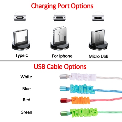 Personalized 3D Printed Name LED Flash USB Cable