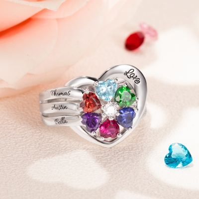 Personalized Name Heart Ring with Birthstone