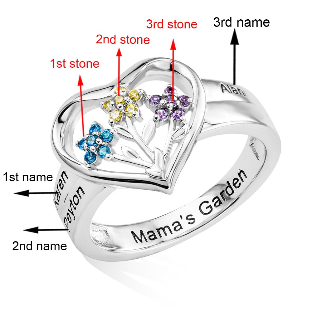 Custom 1-8 Birthstone Flower Ring with Engraving, Our Family Is A Garden Of Love Heart Ring, Flower Design Garden Family Ring for Grandmother/Mother