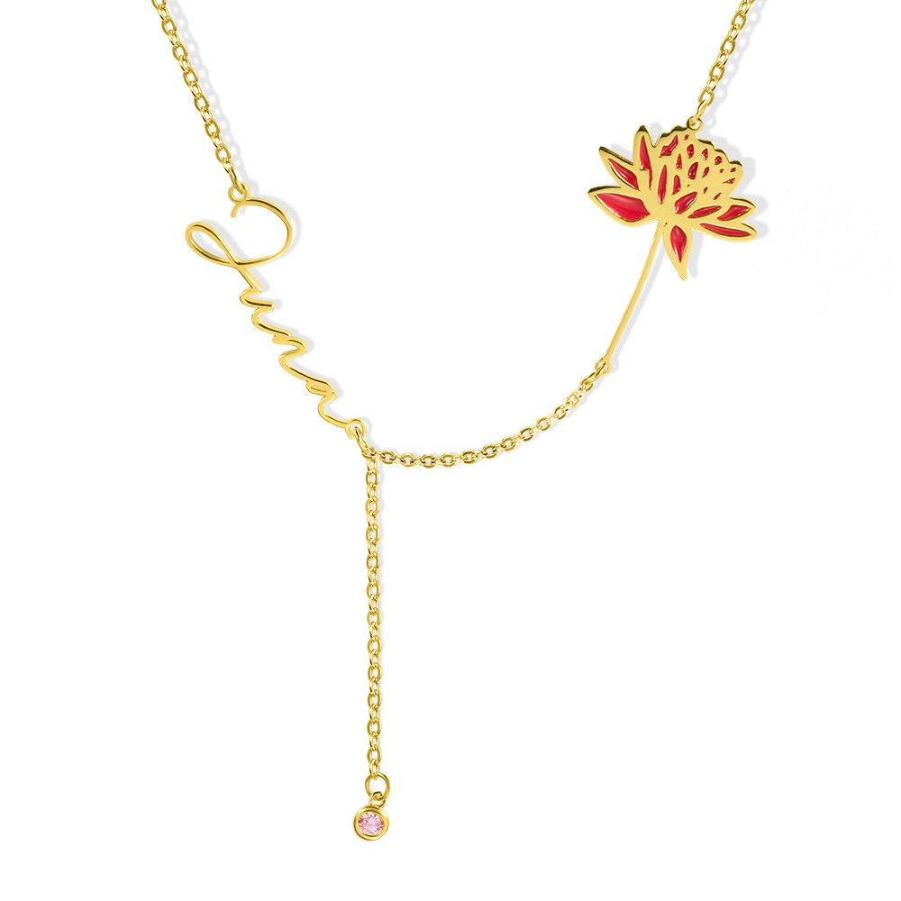 Birth Flower Necklace with Birthstone, Personalized Name Necklace, Women's Jewelry, Bridesmaid Gift, Wedding/Birthday/Anniversary/Mother's Day Gift