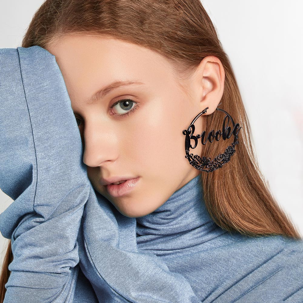 personalized birth flower name hoop earrings