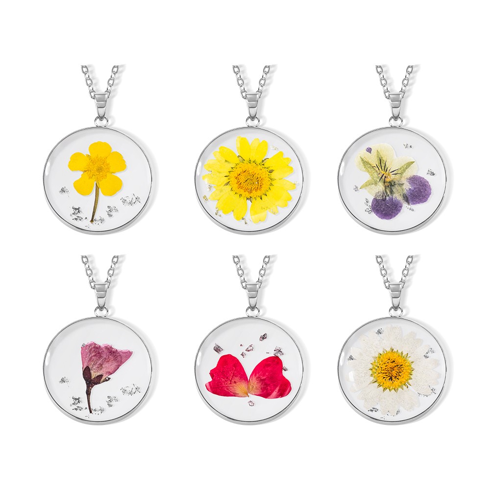 Personalized Birth Flower Necklace, Dried Pressed Flower Resin Necklace, Customized Round Pendant Jewelry, Birthday Gifts, Gifts for Women