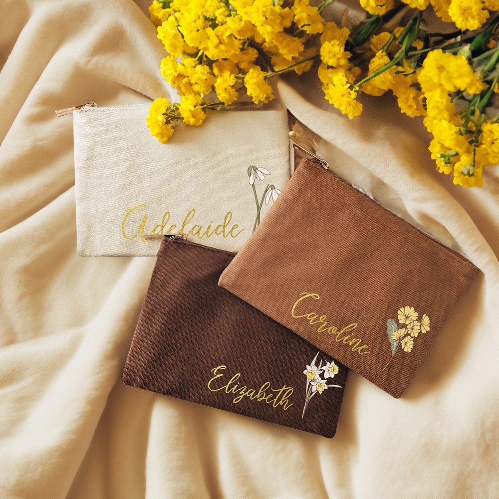 Trousse de maquillage personnalisée avec nom et fleur de naissance