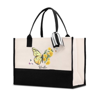 Personalized Birth Flower Butterfly Tote Bag with Name, Large Capacity Canvas Tote Bag, Birthday/Mother's Day Gift for Her/Mom/Grandma/Women
