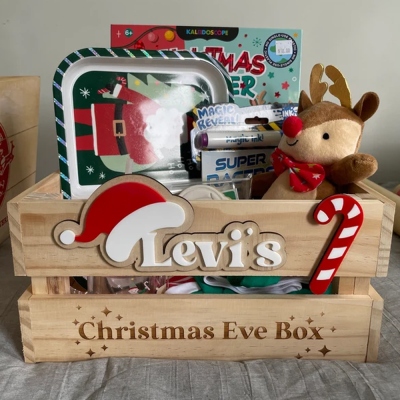 Personalized Name Tag Christmas Eve Box, Wooden December 1st Gift Box, Christmas Eve Crate, Family Holiday Keepsake, Christmas Gift for Kids/Family