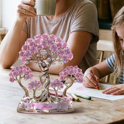 Plaque personnalisée Arbre de Vie Rose Maman et Enfant avec noms, Sculpture acrylique sur la maternité, Souvenir commémoratif, Cadeau Fête des Mères/Anniversaire pour maman/grand-mère/elle