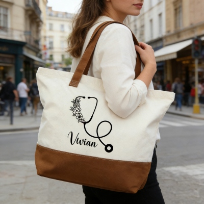 Personalisiertes Stethoskop-Canvas-Taschenset mit Blumenmuster und Namen, mehrfarbige, wiederverwendbare Arbeitstasche &amp; Etui, Geschenk zur Wertschätzung/zum Studienabschluss für Krankenschwestern