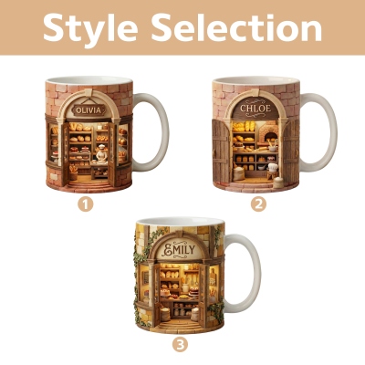 Gepersonaliseerde mini-bakkerijmok met naam, schattige mok met bakkerij-illustratie, tweekleurige keramische koffiemok van 325 ml/440 ml, verjaardagscadeau voor een bakliefhebber.