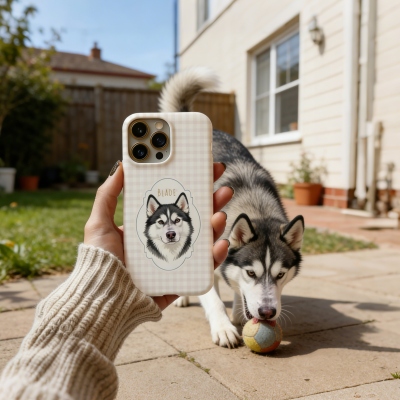 Telefoonhoesje met gepersonaliseerd huisdierportret en ruitjespatroon, inclusief naam, MagSafe-compatibel, slank en stevig hoesje voor iPhone/Samsung, verjaardagscadeau voor huisdiereigenaren/dierenliefhebbers.