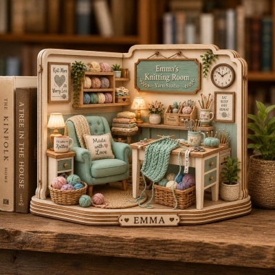 Anpassad miniatyrmodell av stickrum med namn, bokstödsdisplay i trä för virkrum, vintage bordsdekor, minnespresent till hantverkare/familj/henne