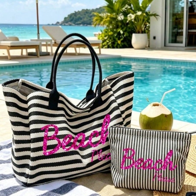 Custom Glitter Beach Striped Matching Tote Bag Set with Name, Sparkly Sand Resistant Tote Bag & Makeup Bag, Summer Vacation Carryall, Gift for Her
