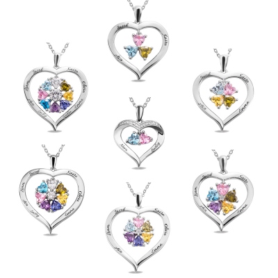 Personalized Heart Birthstone Necklace with Engraving in Silver