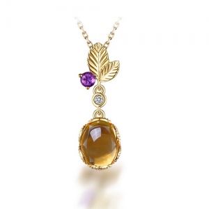Natural Citrine Leaves Pendant 18K Gold Plating Silver 18"