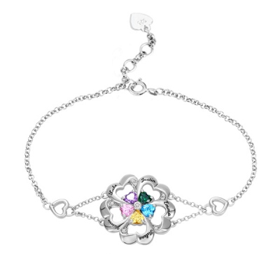 Personalized Five Hearts Birthstone Bracelet in Silver
