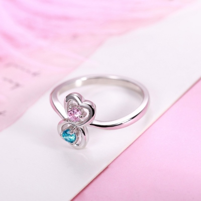 Personalized Double Heart Birthstone Promise Ring for Love in Silver