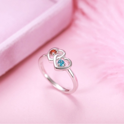 Personalized Double Heart Birthstone Promise Ring for Love in Silver