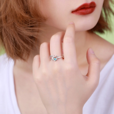 Personalized Double Heart Birthstone Promise Ring for Love in Silver