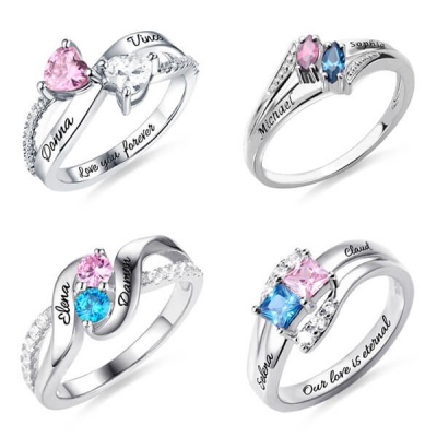 Personalized Engraved Double Birthstones with Diverse Shaped Promise Ring